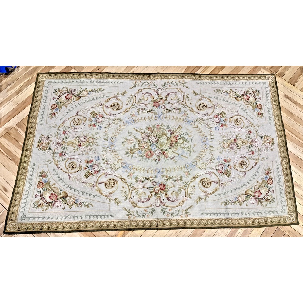 Vintage Aubusson Style Needlepoint Floral Area Rug 68x105 French Country